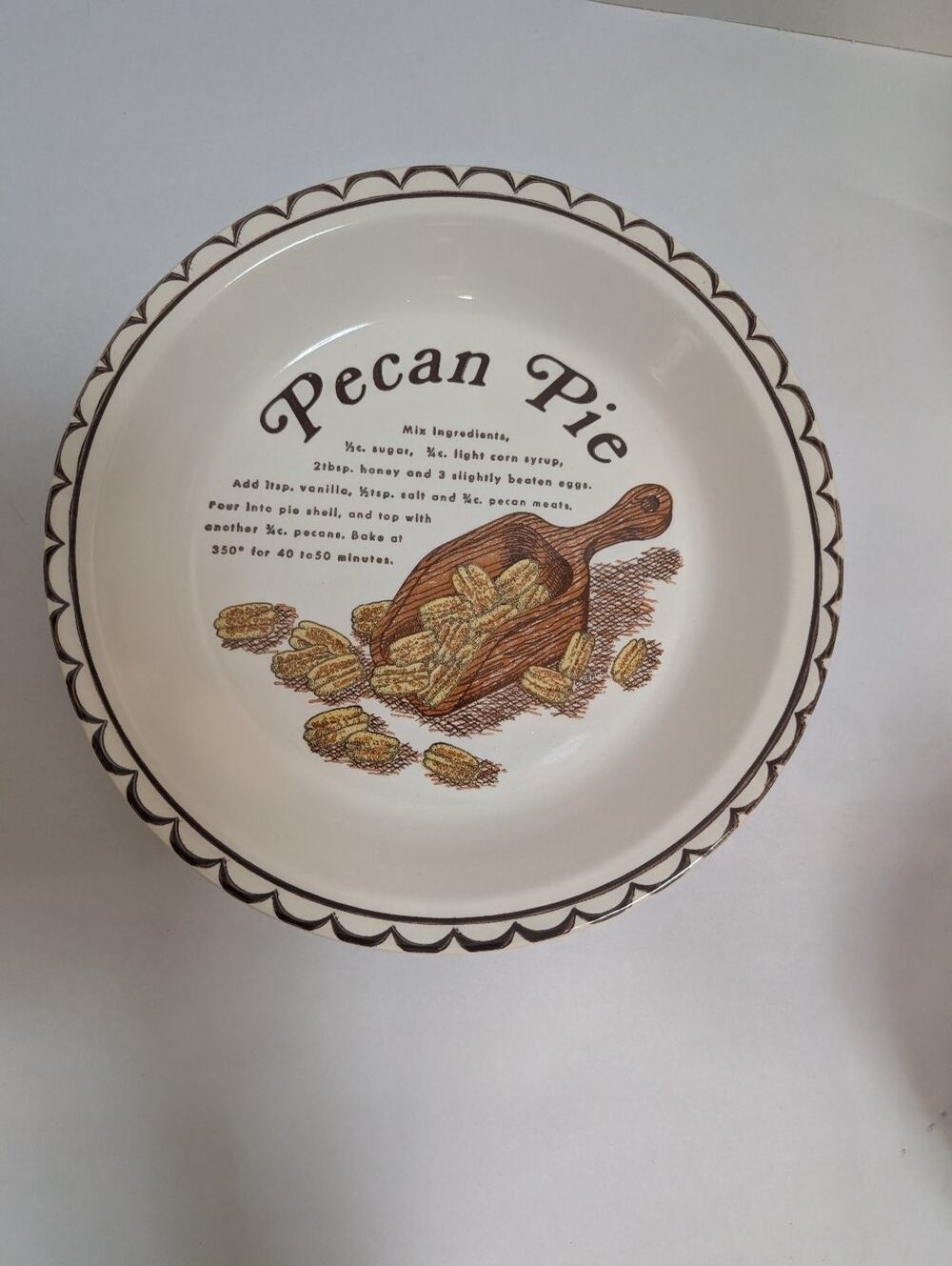 Vintage Pecan Pie Plate Dish Ceramic Bakeware with Recipe Scalloped Edge